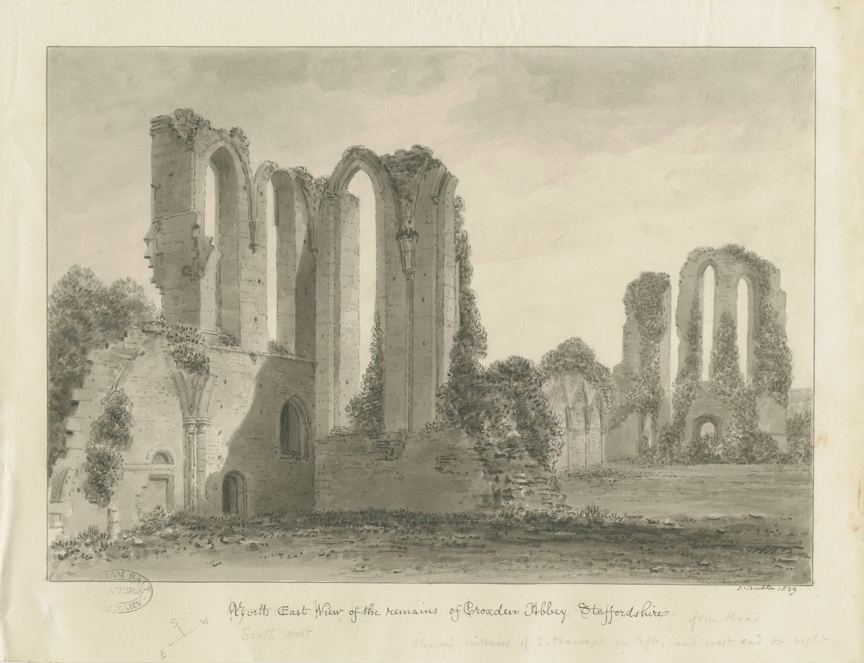 Croxden Abbey: seepiapiirustus tekijältä John Buckler
