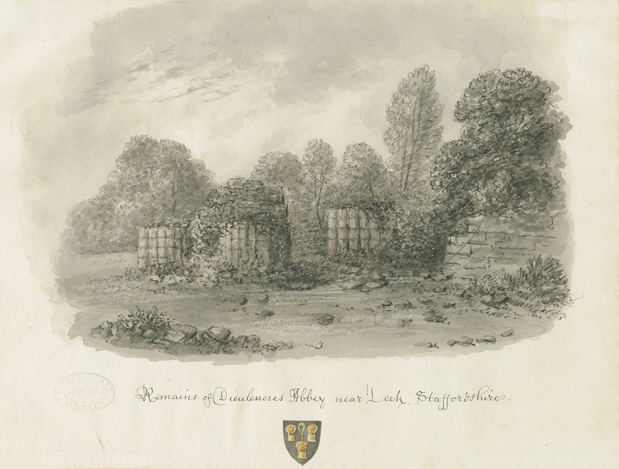 Dieulacres Abbey: seepiapesupiirros, 1847 tekijältä John Buckler