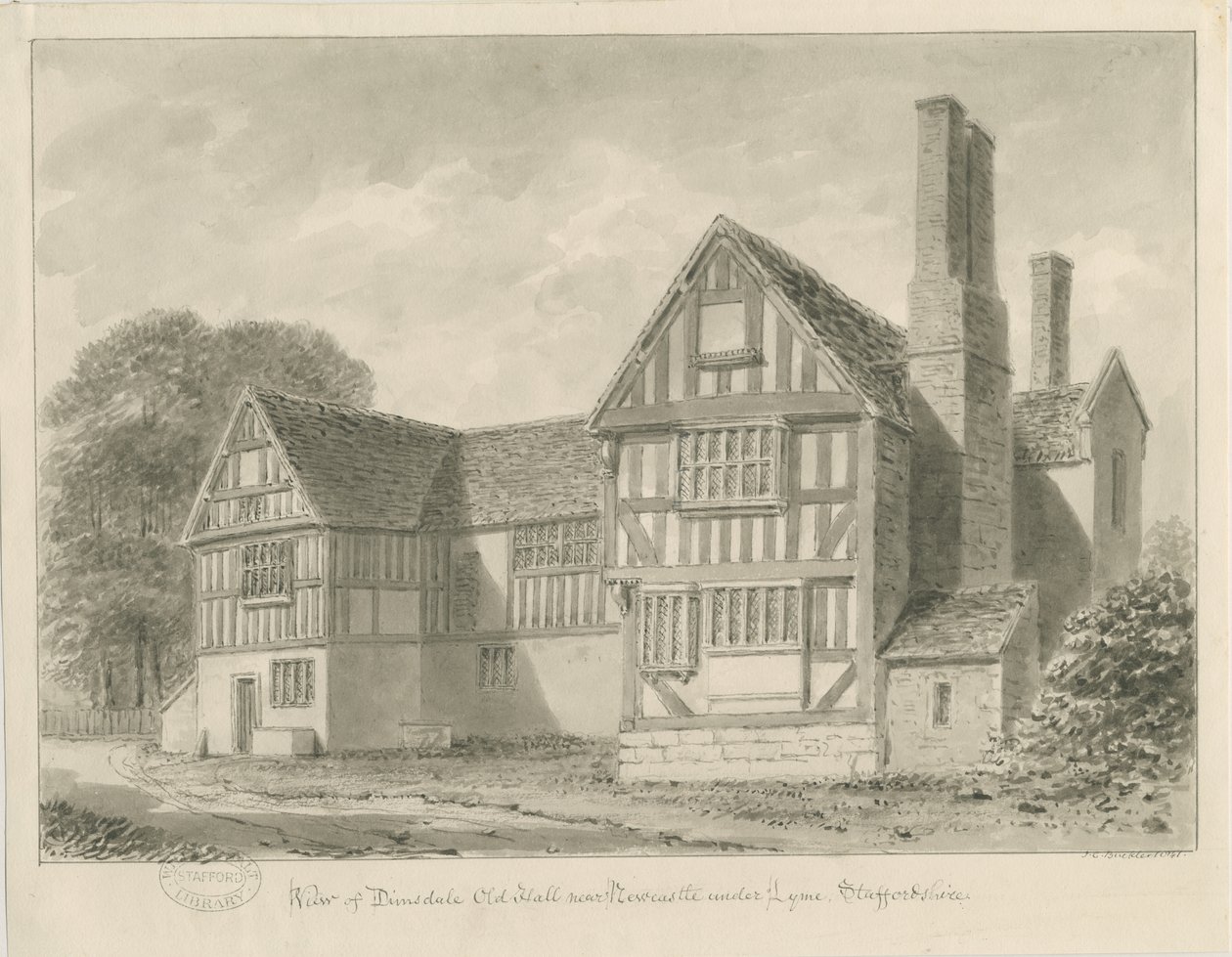 Dimsdale Old Hall: seepiapiirros, 1841 tekijältä John Buckler