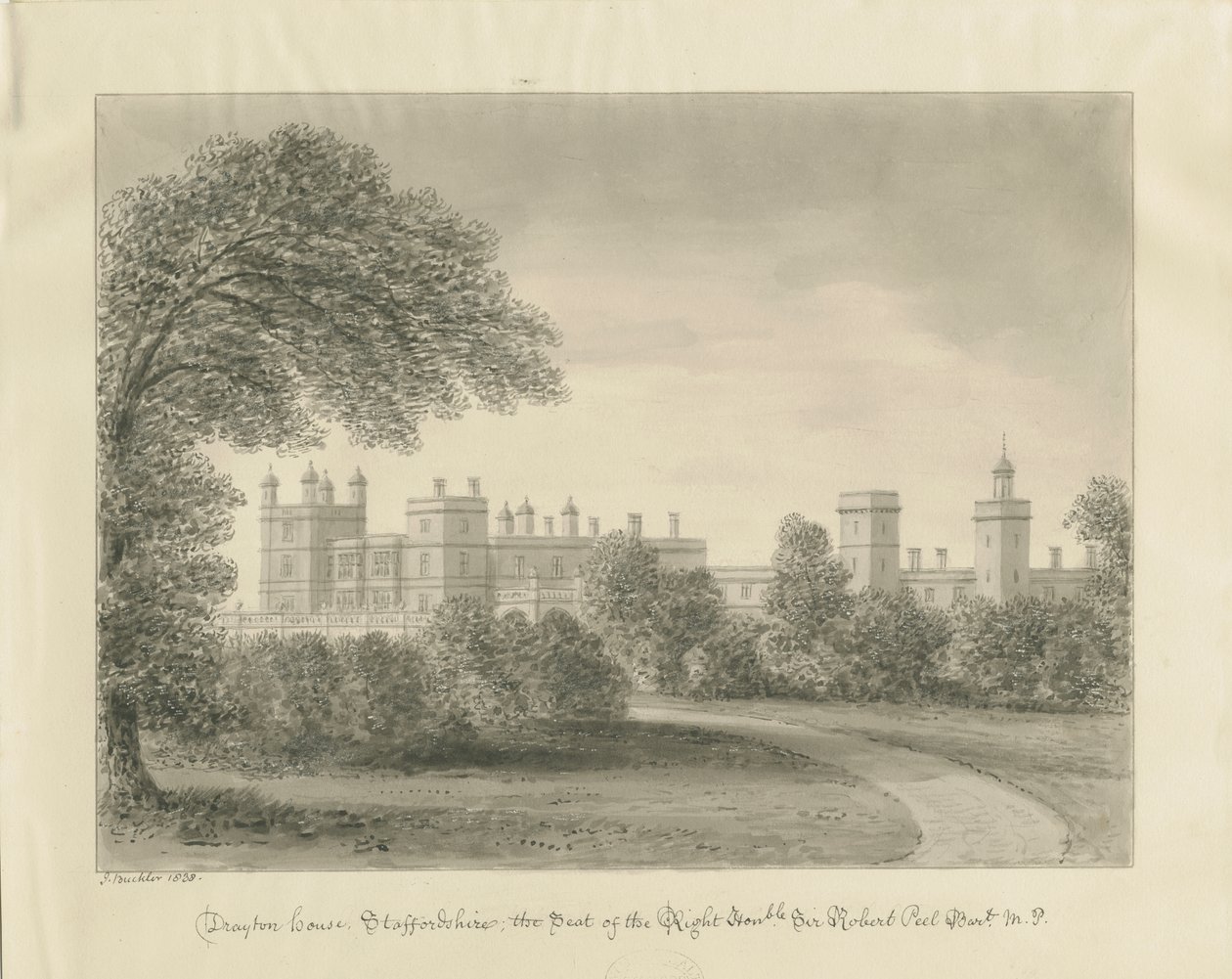 Drayton Bassett - "Drayton Manor": seepiapiirustus, 1838 tekijältä John Buckler