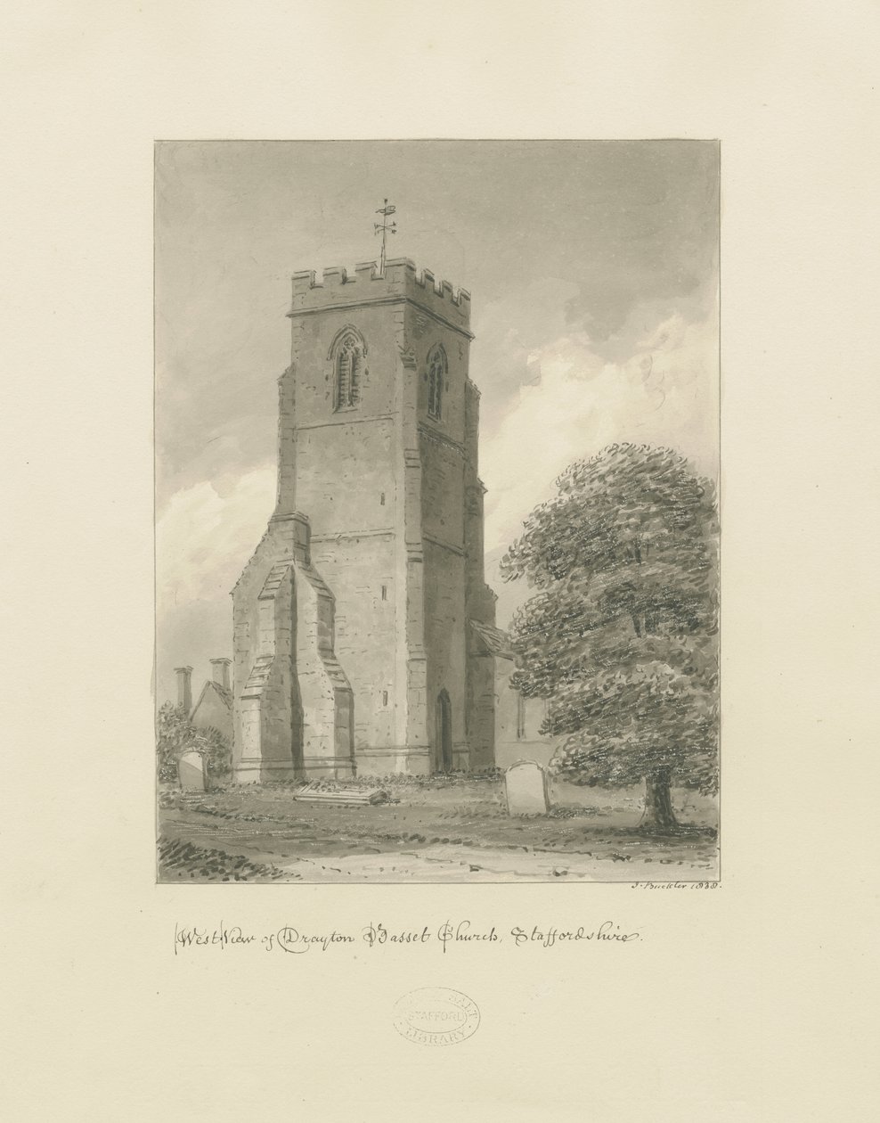 Drayton Bassett Church: seepiapiirros, 1838 tekijältä John Buckler