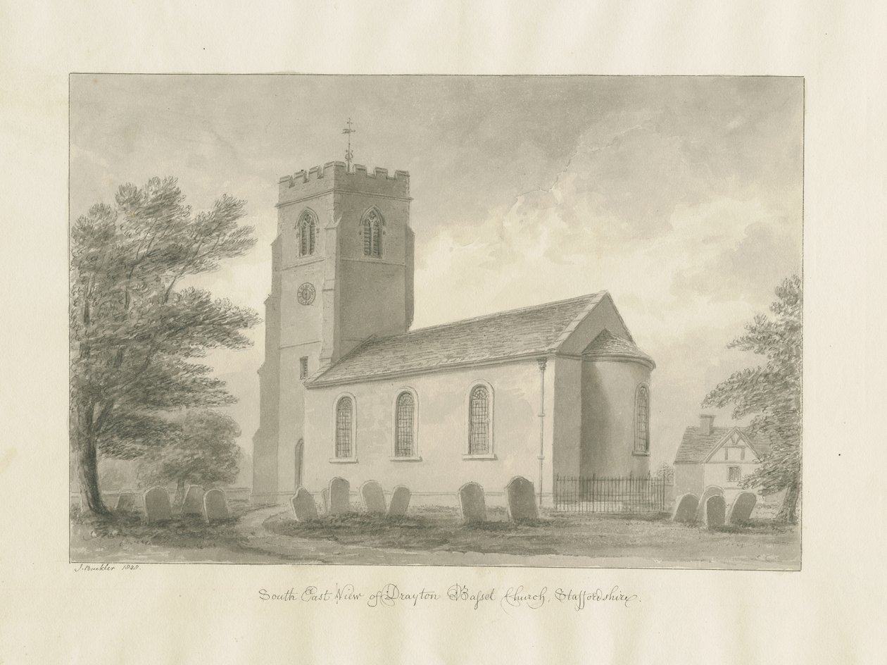 Drayton Bassett Church: seepiapiirustus, 1848 tekijältä John Buckler