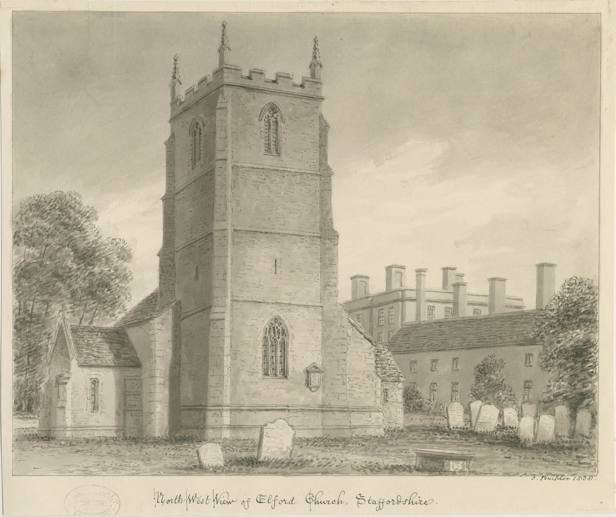 Elford Church: seepiapiirros, 1838 tekijältä John Buckler