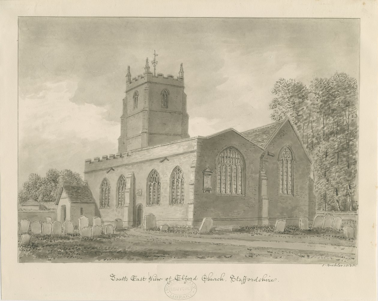 Elford Church: seepiapiirros, 1838 tekijältä John Buckler