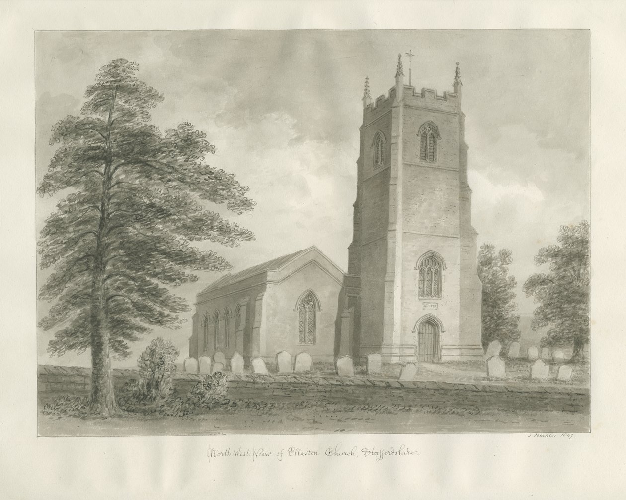 Ellastonen kirkko: seepiapiirros, 1847 tekijältä John Buckler