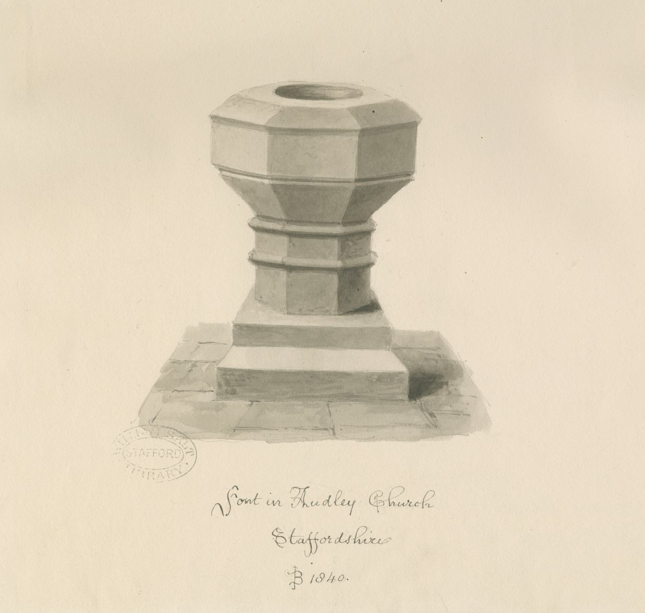 Fontti Audley Churchissa: seepiapiirros, 1840 tekijältä John Buckler