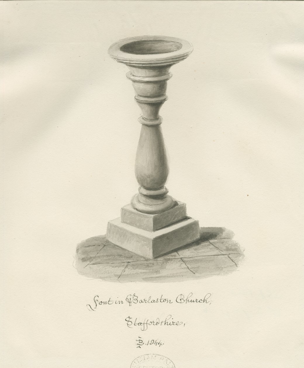 Fontti Barlastonin kirkossa: seepiapesupiirros, 1844 tekijältä John Buckler