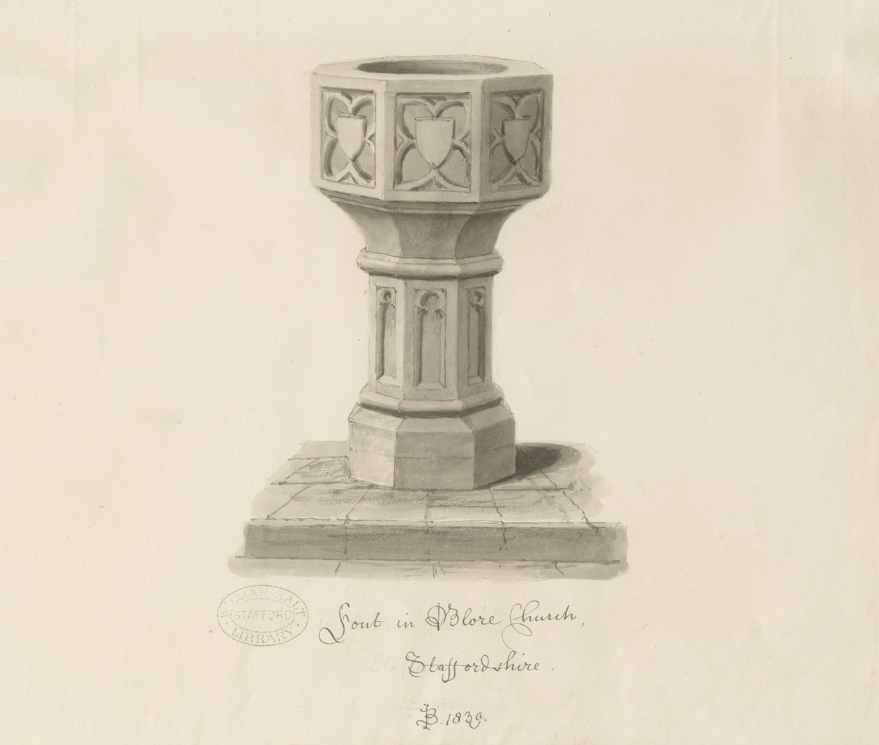 Fontti Bloren kirkossa: seepiapiirros, 1839 tekijältä John Buckler