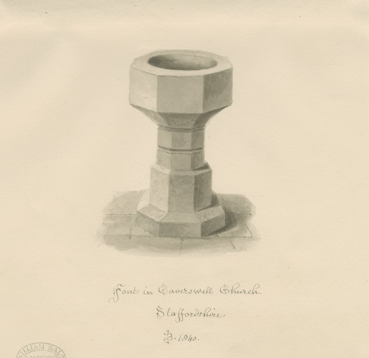 Font Caverswall Churchissa: seepiapiirros, 1840 tekijältä John Buckler