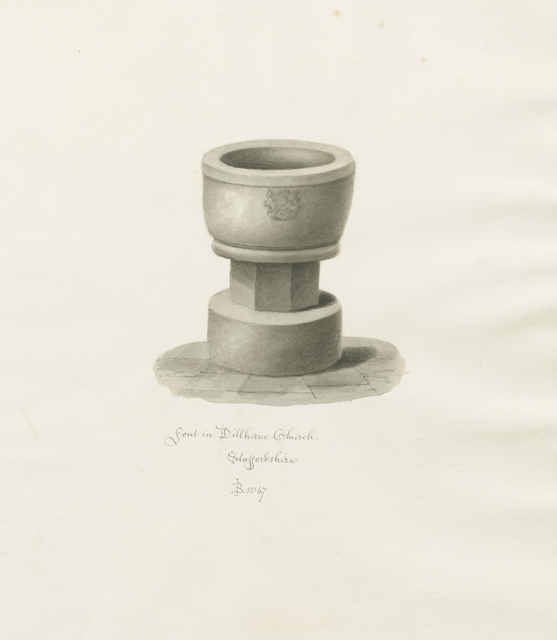 Fontti Dilhornen kirkossa: seepiapiirros, 1847 tekijältä John Buckler