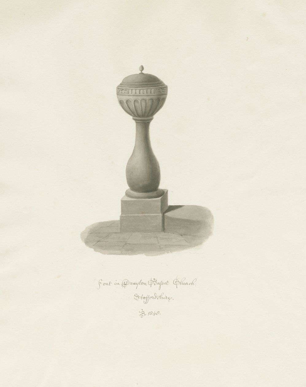 Fontti Drayton Bassett Churchissa: seepiapiirros, 1848 tekijältä John Buckler