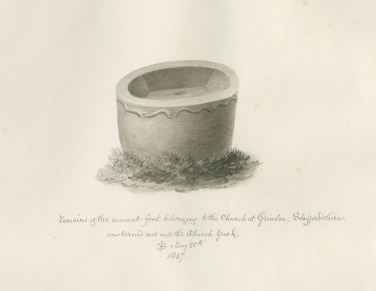 Fontti Grindonin kirkossa: seepiapiirustus, 25. toukokuuta 1847 (piirustus) tekijältä John Buckler