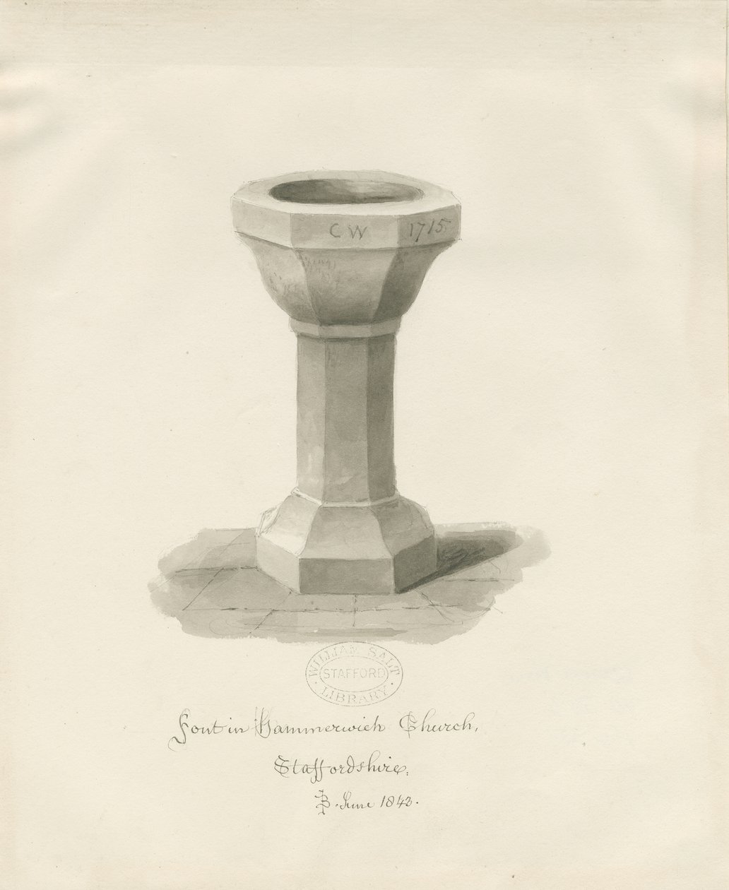 Fontti Hammerwich Churchissa: seepiapiirustus, kesäkuu 1843 (piirustus) tekijältä John Buckler