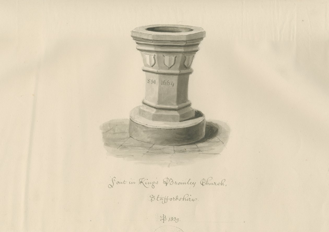 Fontti Kings Bromley Churchissa: seepiapiirros, 1839 tekijältä John Buckler