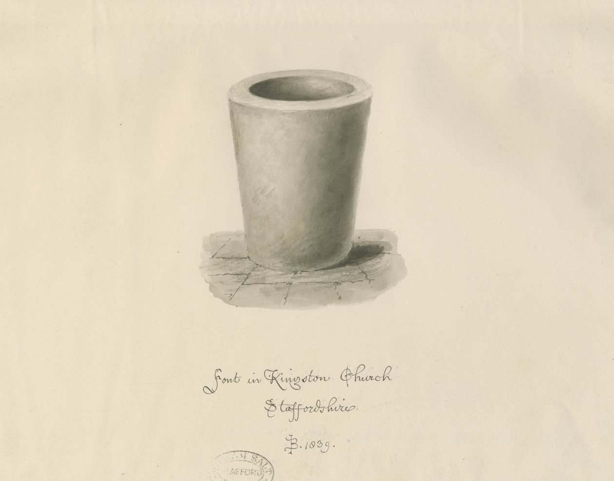 Fontti Kingstonen kirkossa: seepiapiirros, 1839 tekijältä John Buckler