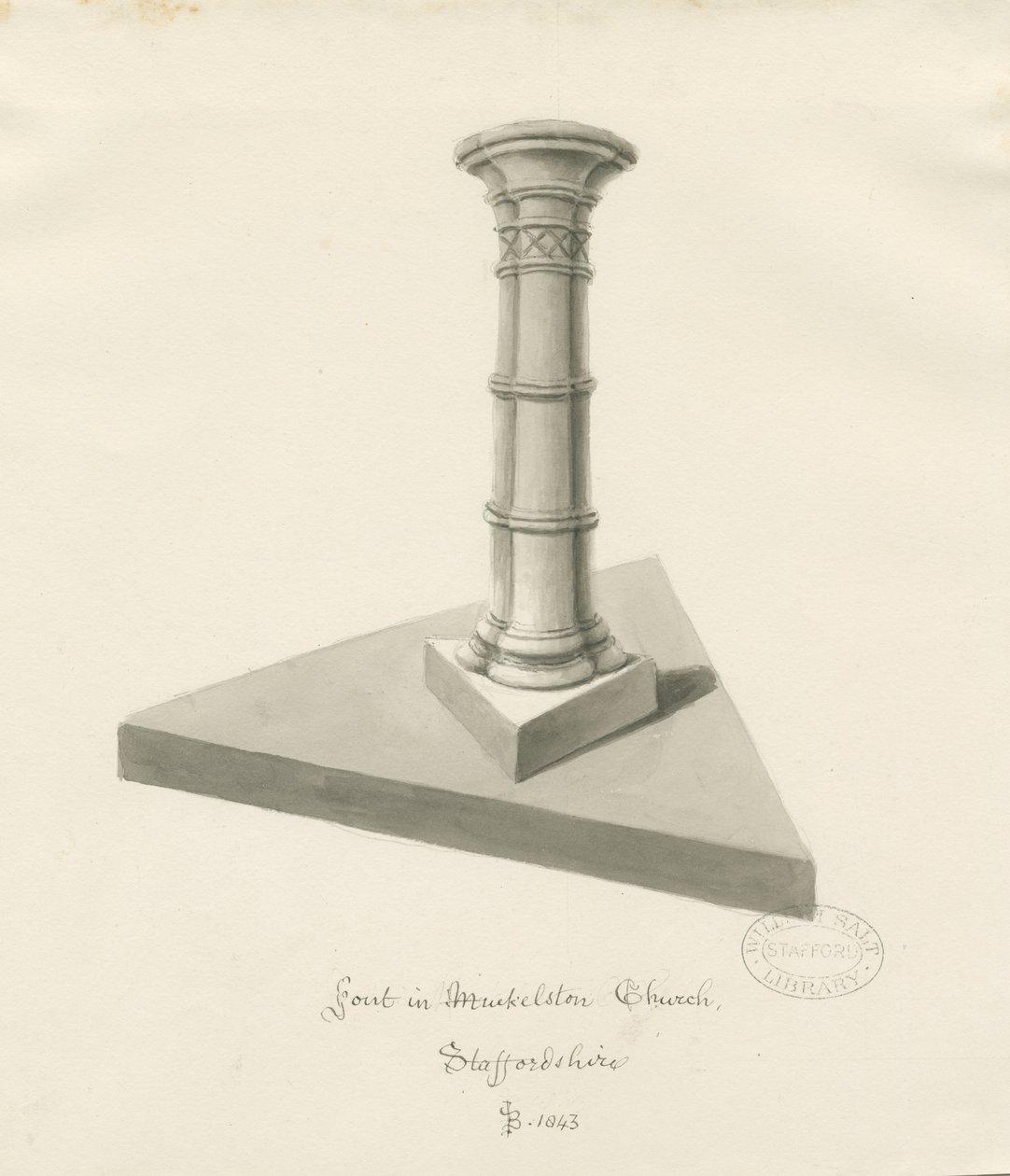 Fontti Mucklestonen kirkossa: seepiapesupiirros, 1843 tekijältä John Buckler