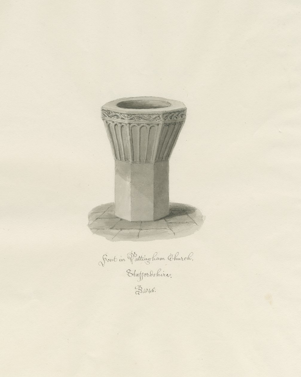 Fontti Pattinghamin kirkossa: seepiapesupiirros, 1846 tekijältä John Buckler