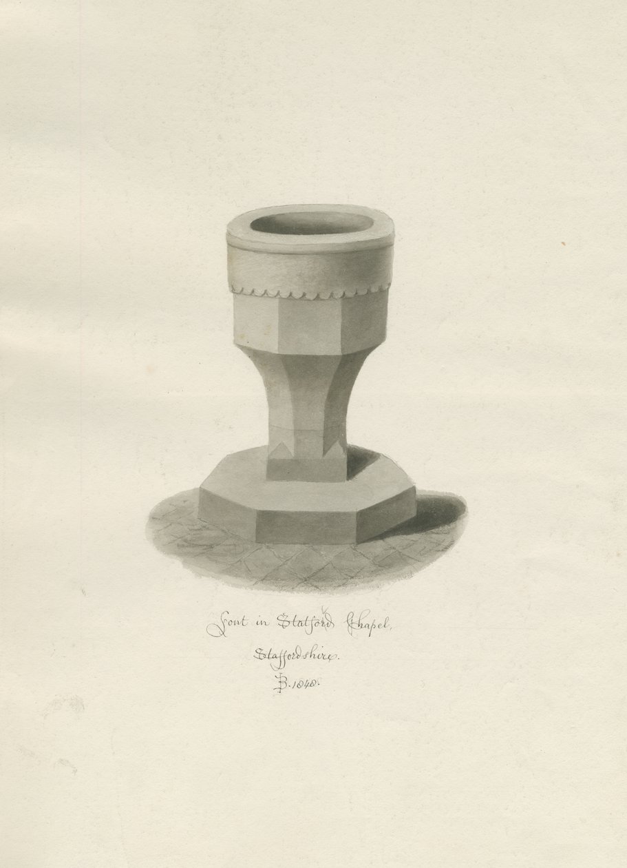 Fontti Statfold Chapelissa: seepiapiirros, 1848 tekijältä John Buckler