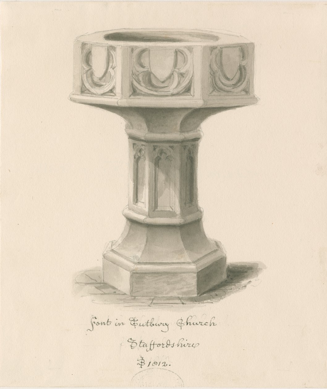 Fontti Tutbury Priory Churchissa: seepiapesupiirros tekijältä John Buckler