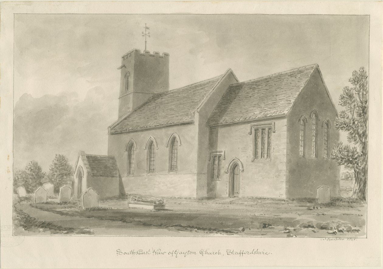 Gayton Church: seepiapiirros, 1841 tekijältä John Buckler