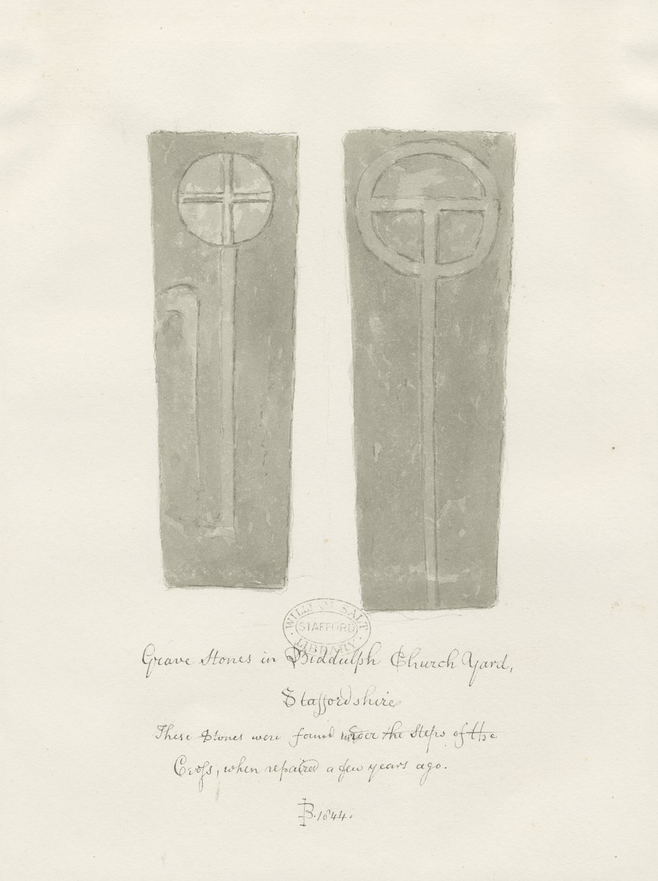 Hautakivet Biddulph Churchyardissa: seepiapiirros tekijältä John Buckler