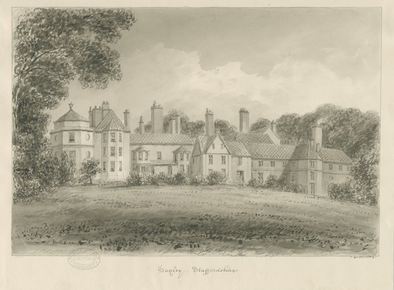 Hagley Hall: seepiapiirustus, 1814 tekijältä John Buckler