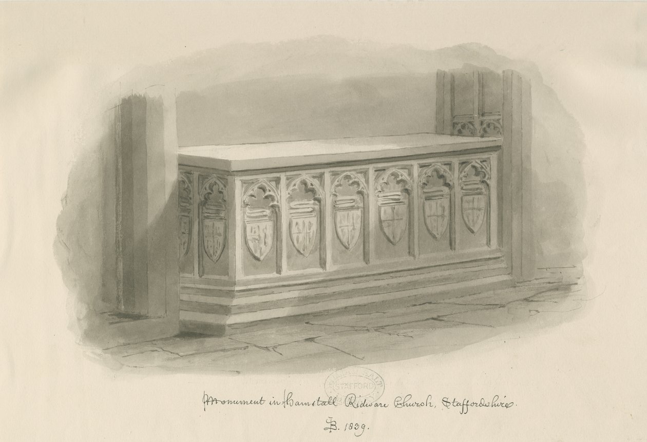Hamstall Ridware Church - Muistomerkki: seepiapesupiirros, 1839 tekijältä John Buckler