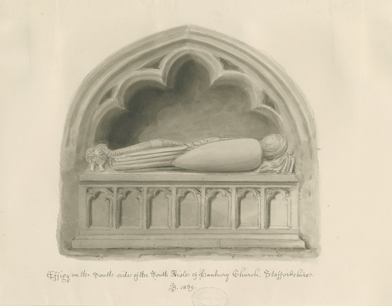 Hanbury Church - Effigy [Sir John Hanburyn]: seepiapiirustus tekijältä John Buckler
