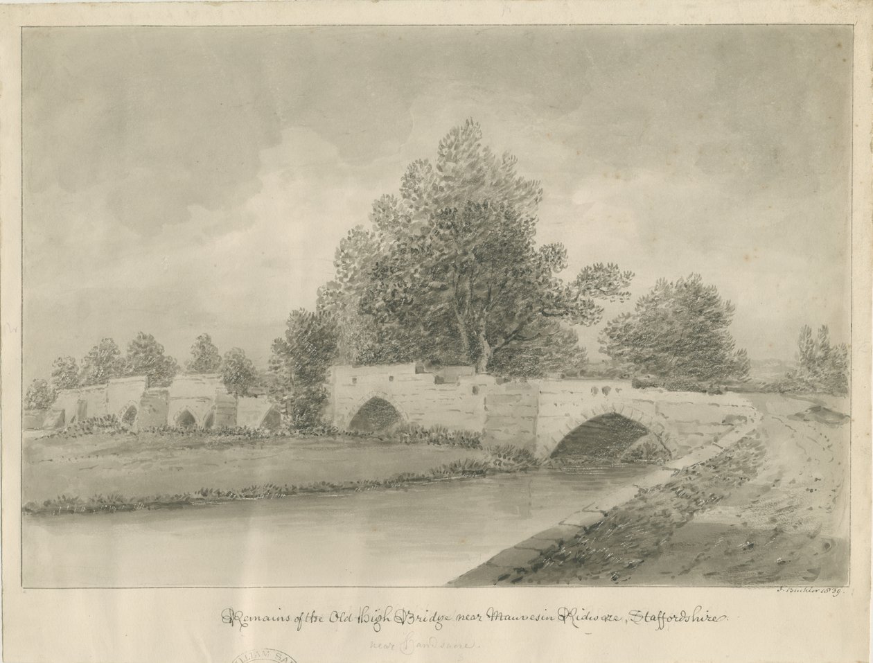Handsacre - Old High Bridge: seepiapiirros, 1839 tekijältä John Buckler