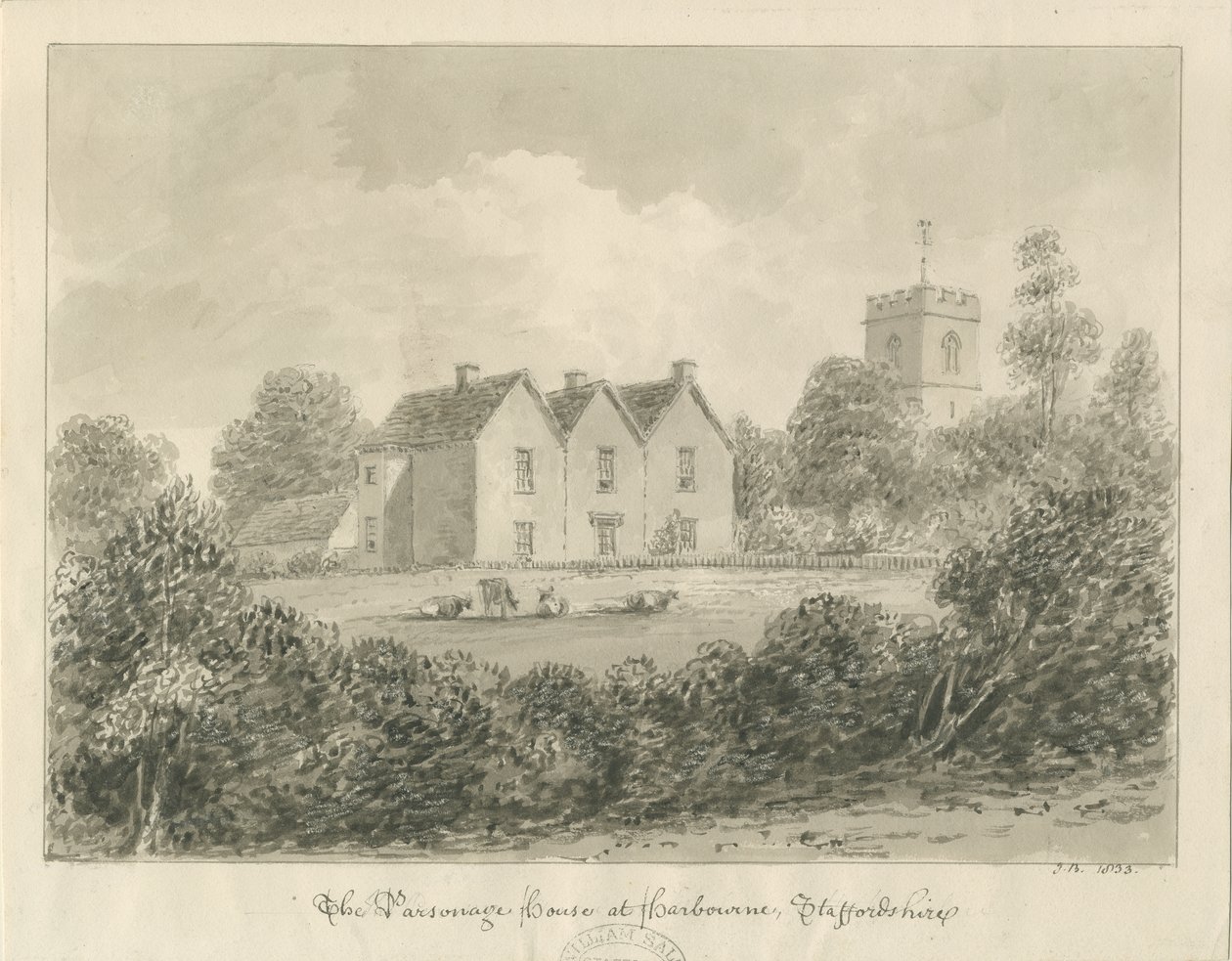 Harborne - Pappilankoti: seepiapiirros, 1833 tekijältä John Buckler