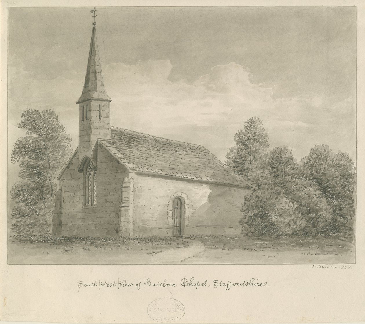 Haselourin kappeli: seepiapiirros, 1828 tekijältä John Buckler
