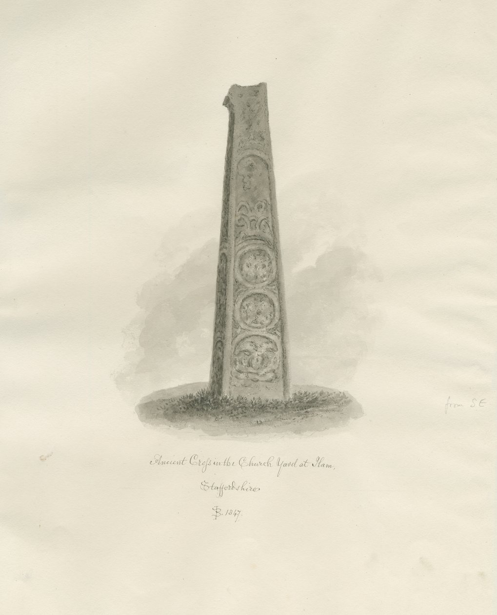 Ilam Church - Muinainen risti: seepiapiirustus, 1847 tekijältä John Buckler