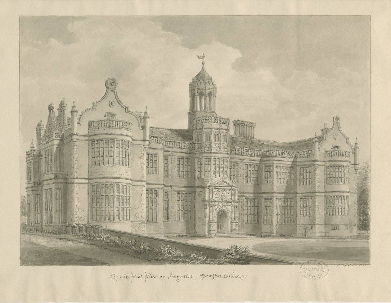 Ingestre Hall: seepiapiirustus tekijältä John Buckler