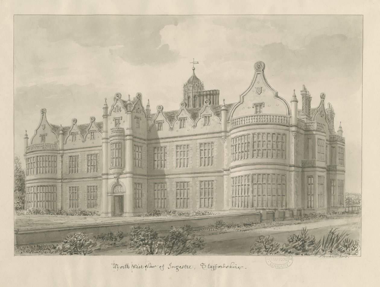 Ingestre Hall: seepiapiirustus tekijältä John Buckler