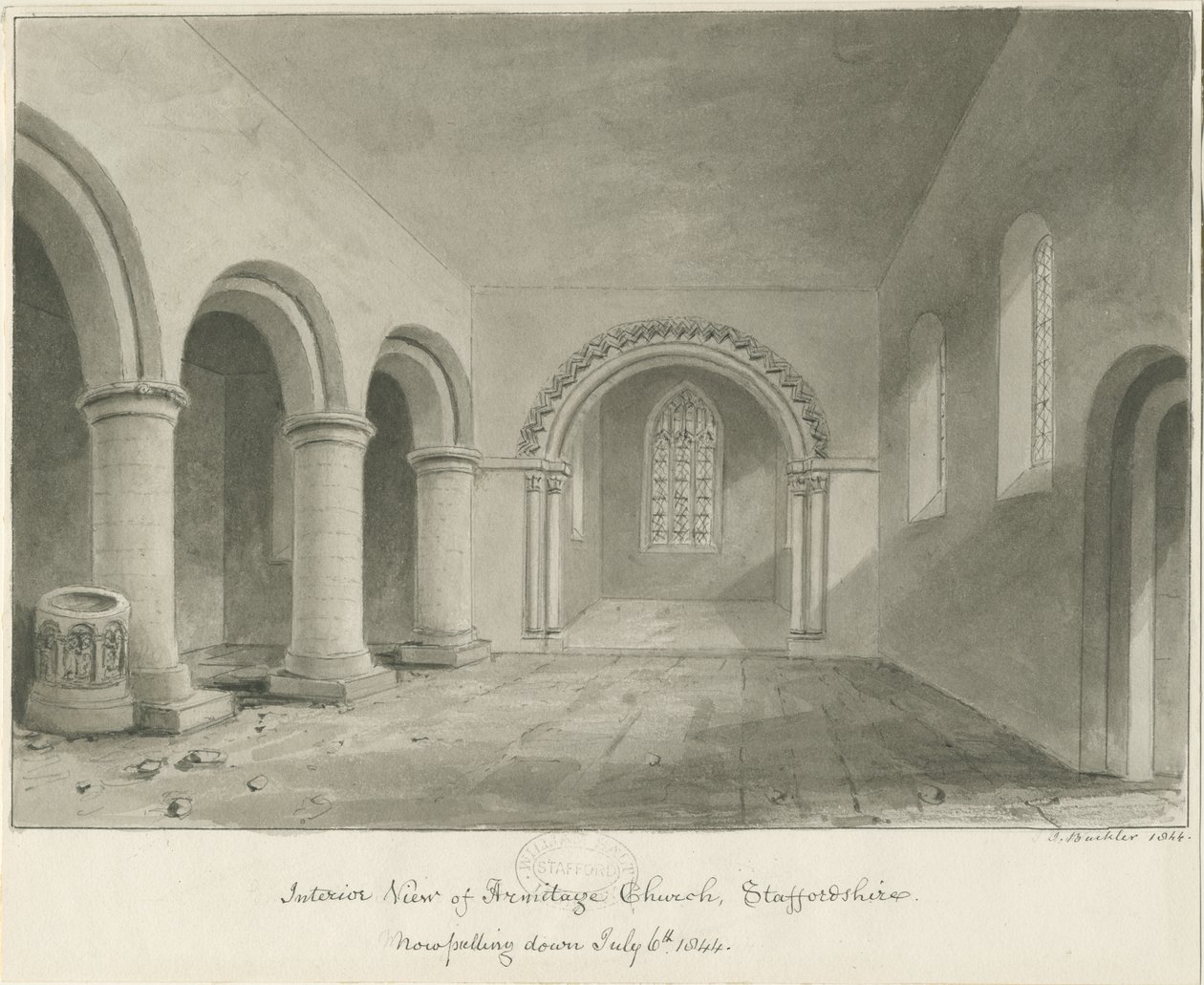 Armitagen kirkon sisustus: seepiapiirros, 6. heinäkuuta 1844 tekijältä John Buckler