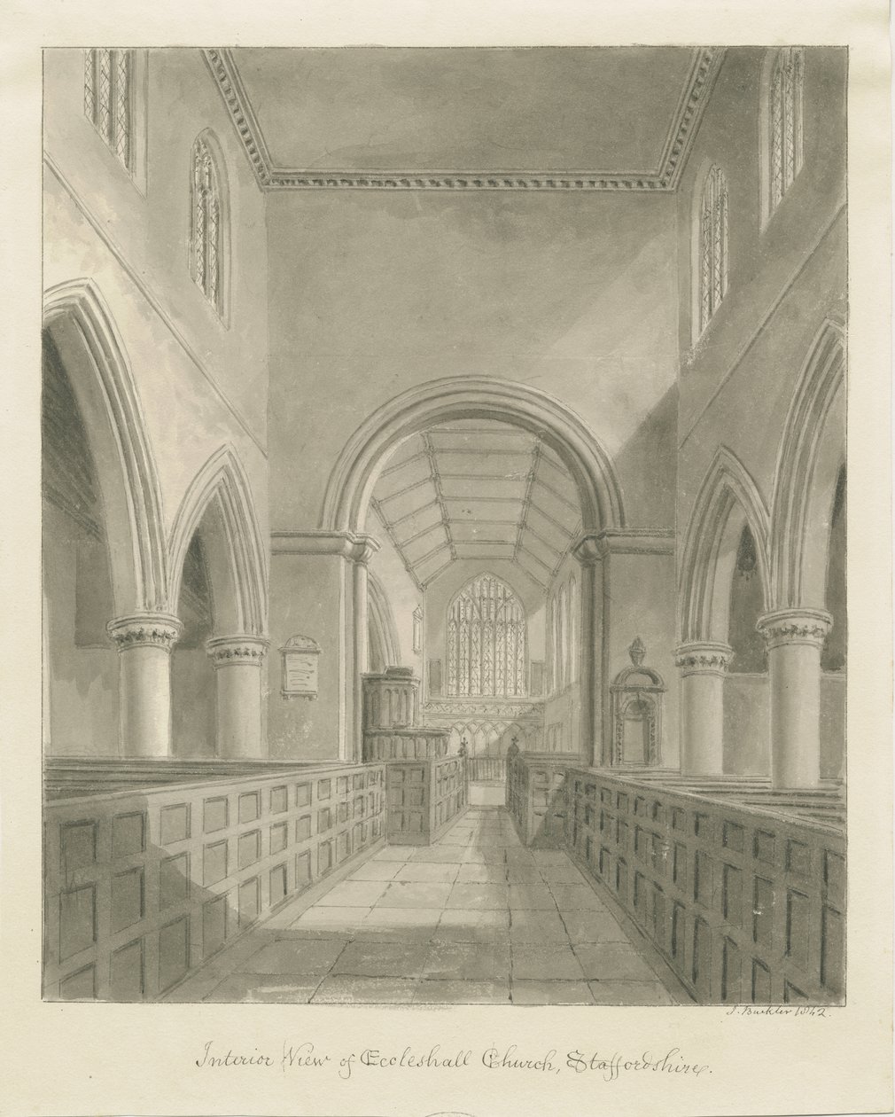 Eccleshallin kirkon sisustus: seepiapiirustus, 1842 tekijältä John Buckler