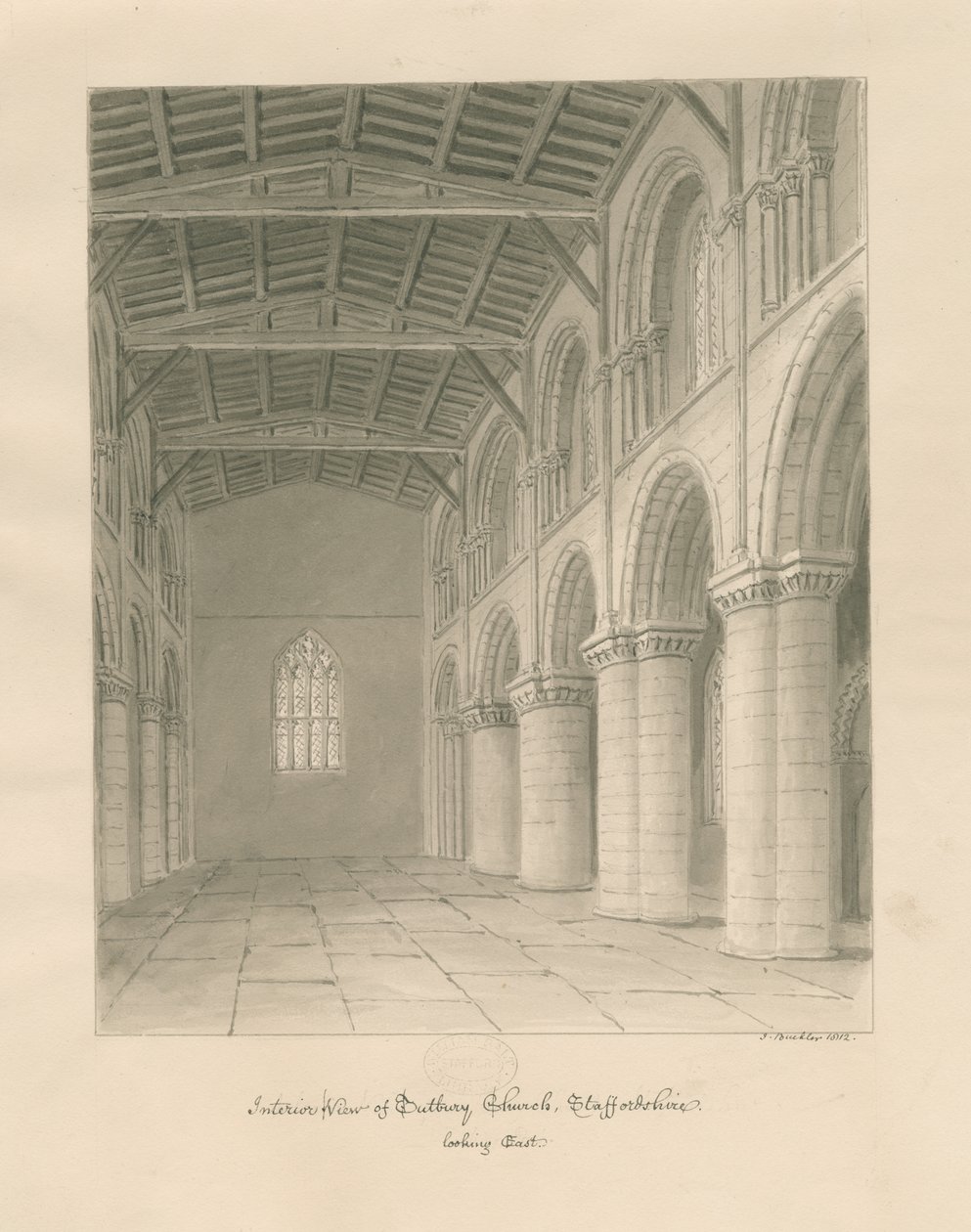Tutbury Priory Churchin sisätilat: seepiapesupiirros tekijältä John Buckler