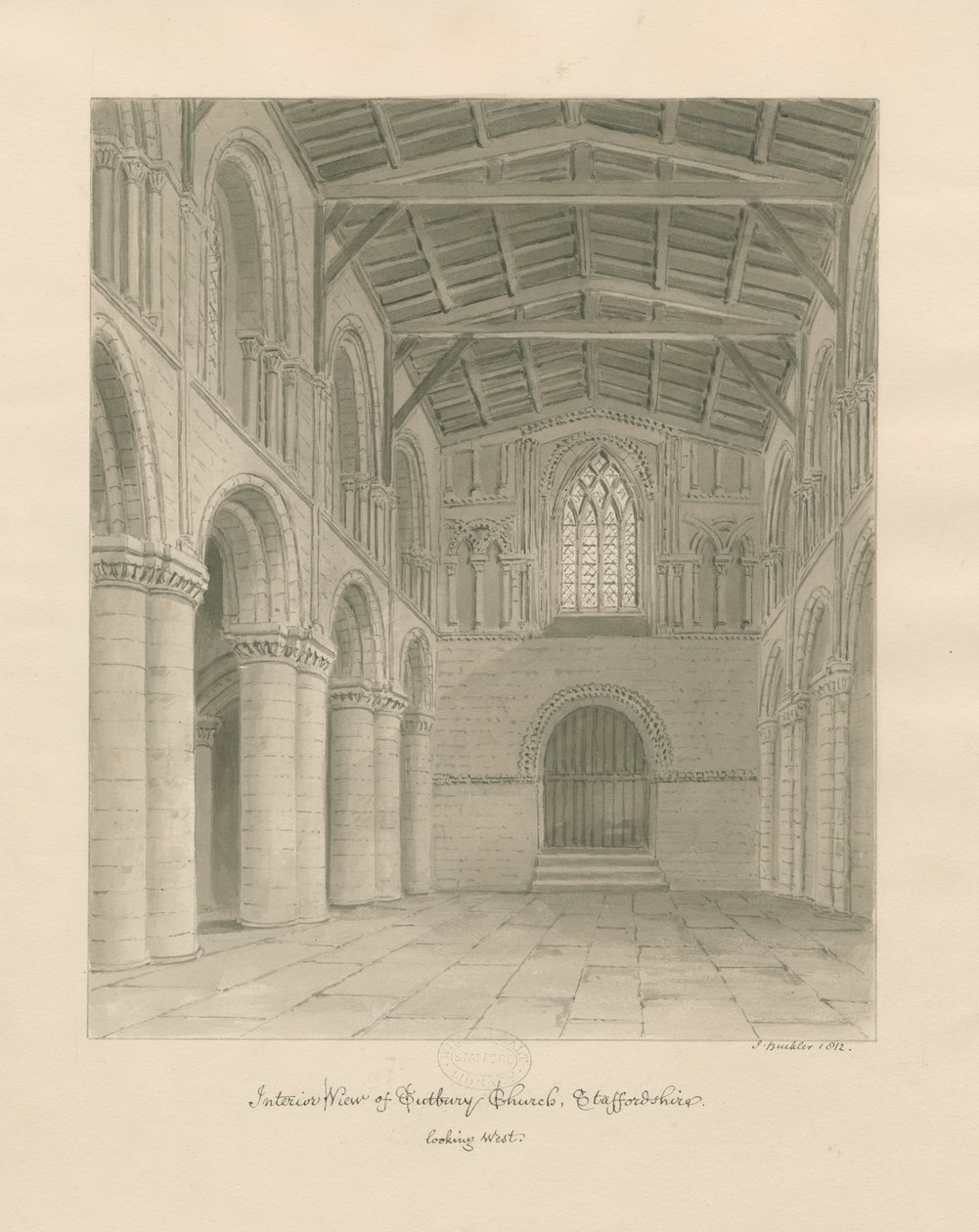 Tutbury Priory Churchin sisätilat: seepiapesupiirros tekijältä John Buckler