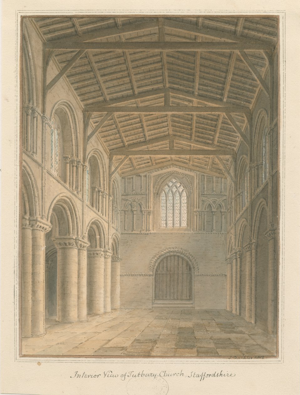 Tutbury Priory Churchin sisätilat: akvarellimaalaus tekijältä John Buckler