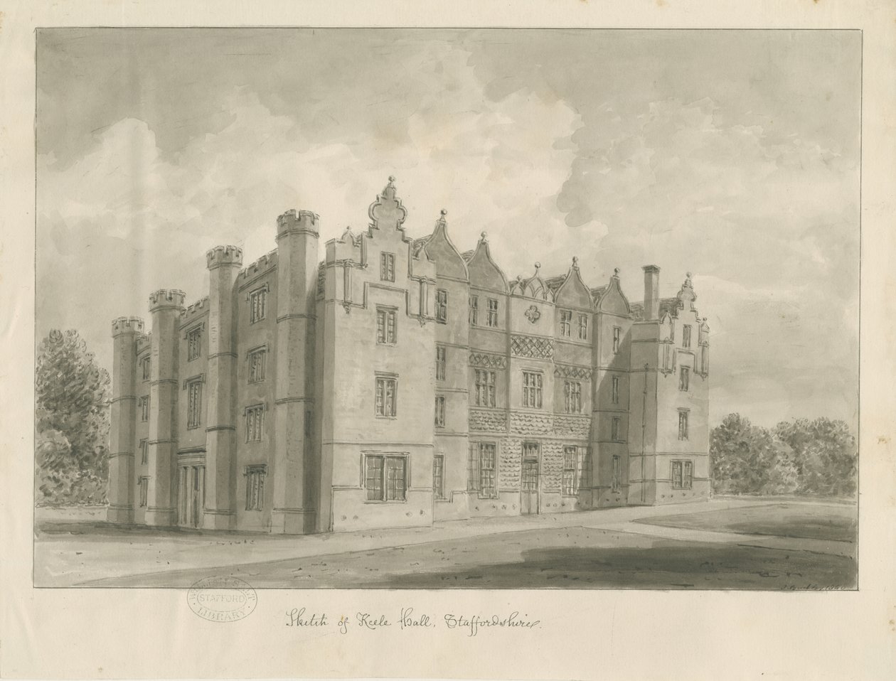 Keele Hall: seepiapiirustus tekijältä John Buckler