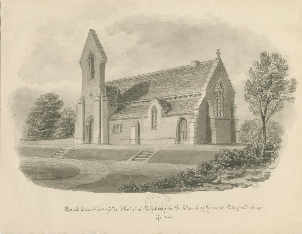 Knightley Chapel: seepiapiirustus tekijältä John Buckler