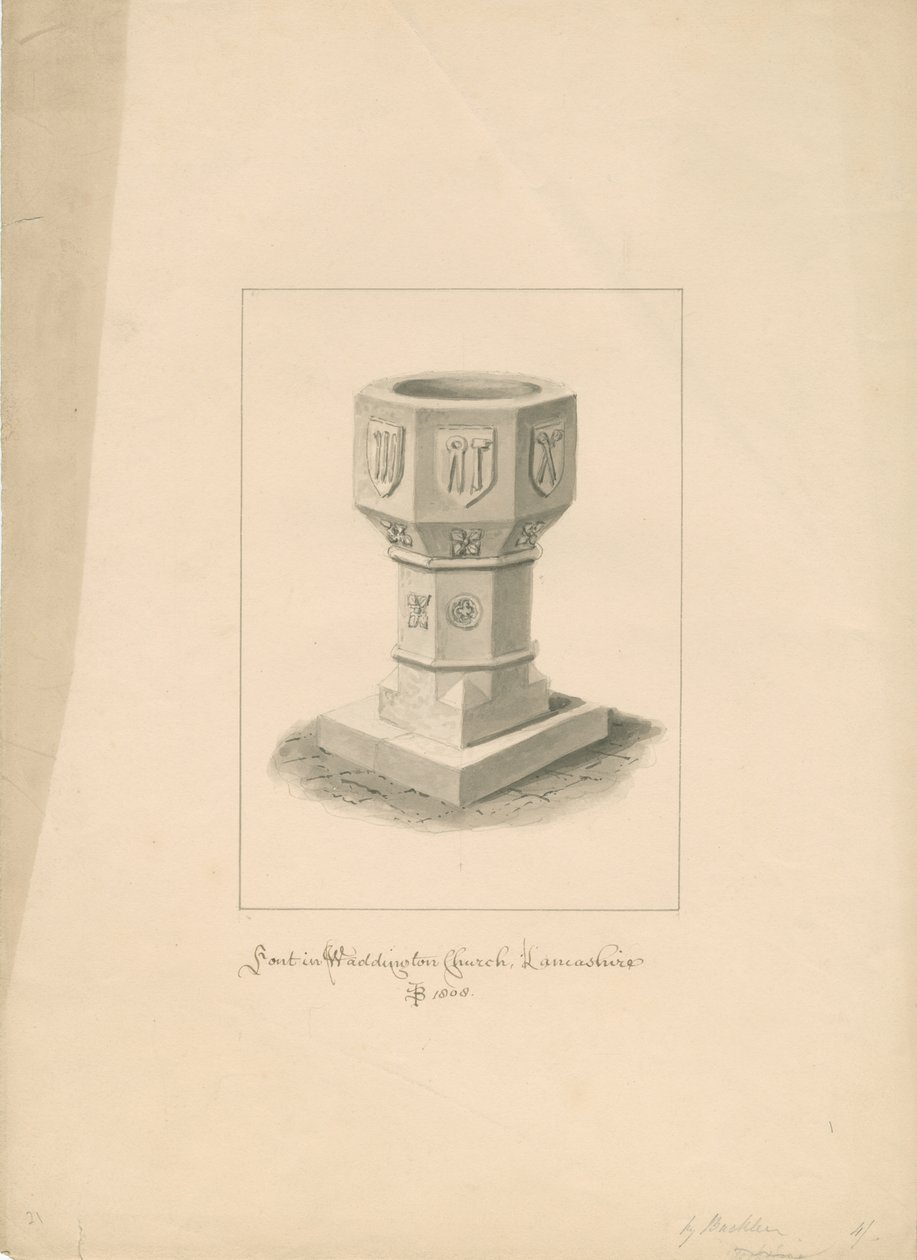 Lancashire - Waddingtonin kirkko - Fontti: seepiapiirros, 1808 tekijältä John Buckler