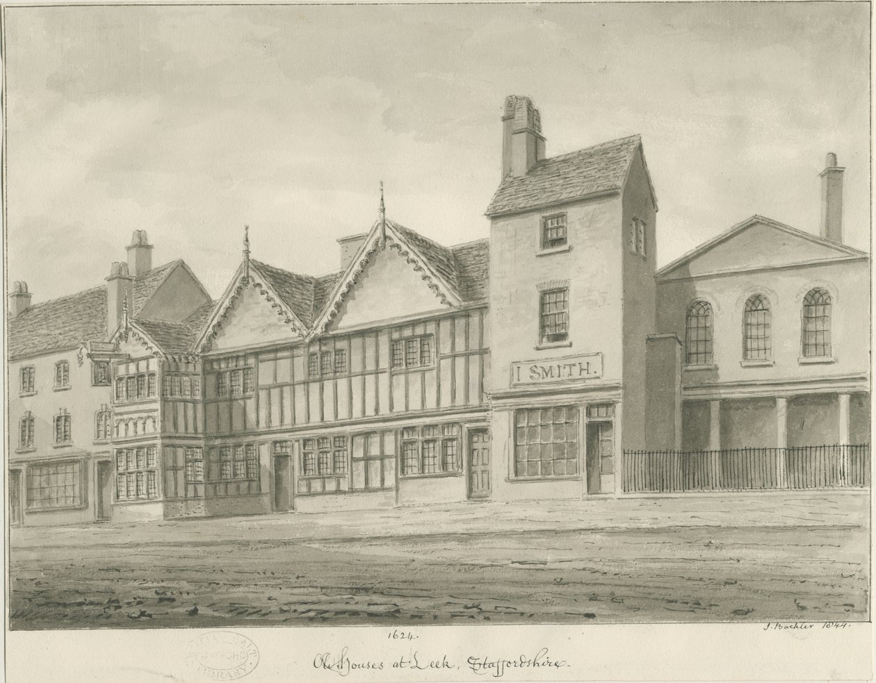 Leek Town - Vanhat talot: seepiapiirros, 1844 tekijältä John Buckler