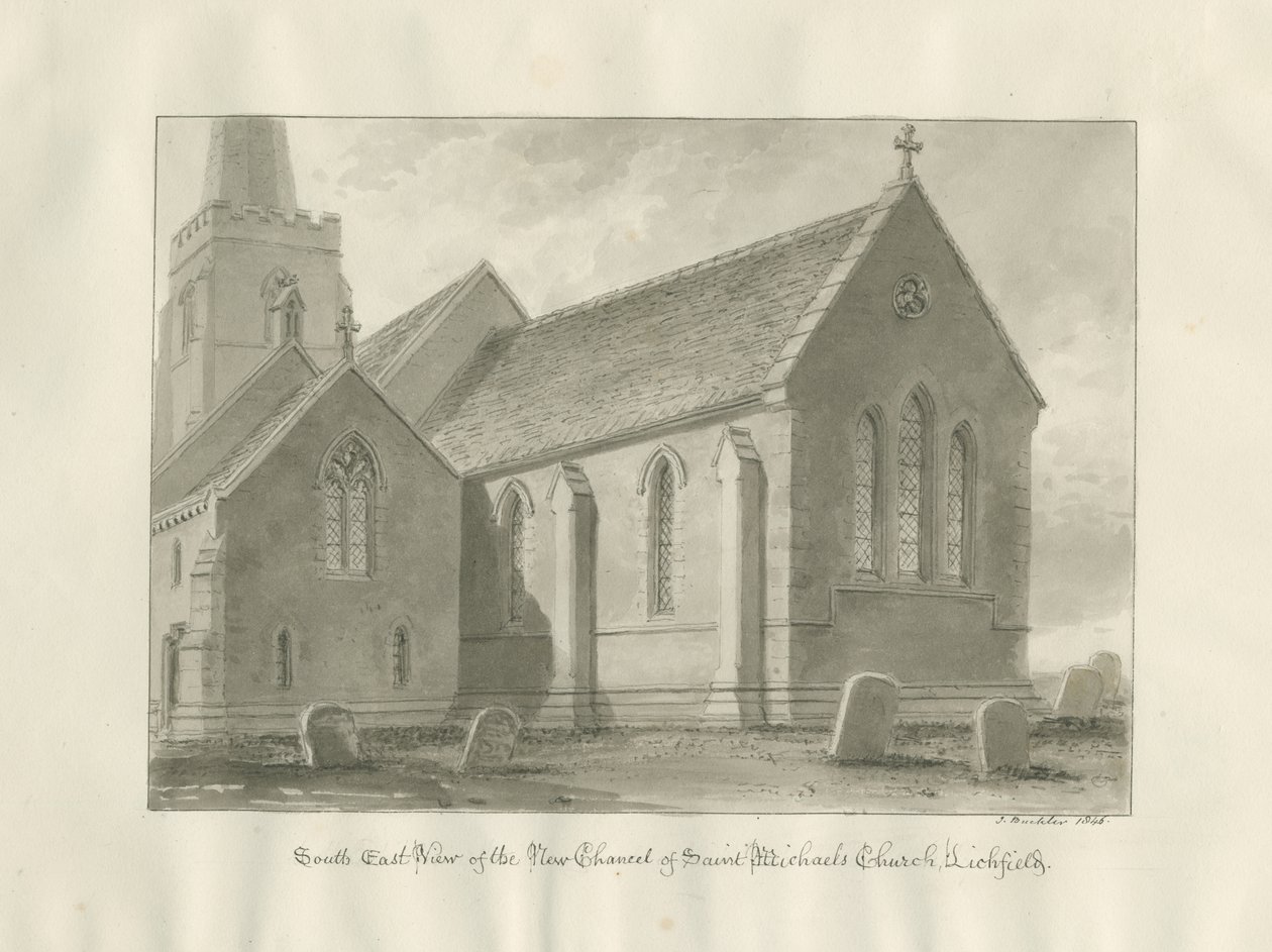 Lichfield - Pyhän Mikaelin kirkon kanttori: seepiapiirros. tekijältä John Buckler