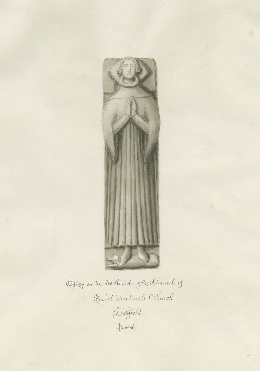 Lichfield - Effigy Pyhän Mikaelin kirkon kansliassa: seepiapiirros tekijältä John Buckler