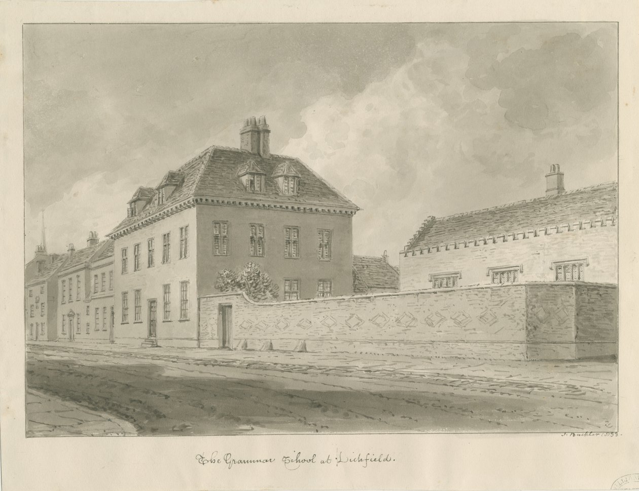 Lichfield - Grammar School: seepiapiirustus tekijältä John Buckler