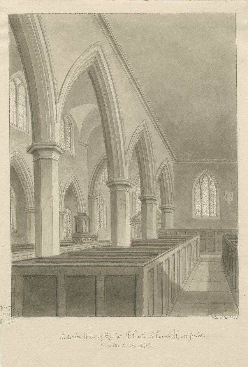 Lichfield - St. Chadin kirkon sisustus: seepiapiirros tekijältä John Buckler