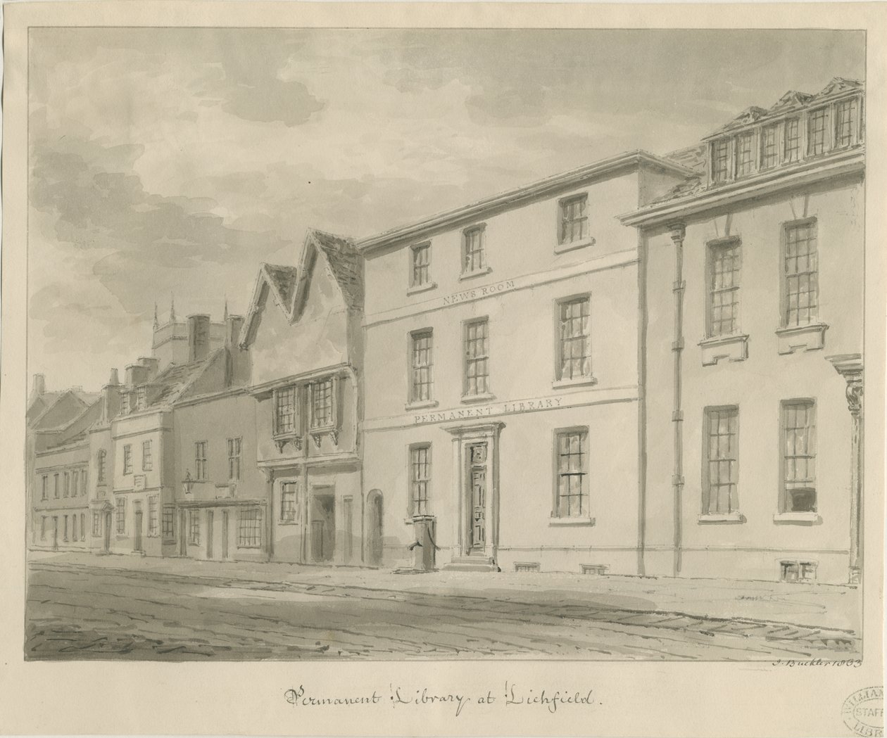 Lichfield - Kirjasto: seepiapiirustus, 1833 tekijältä John Buckler