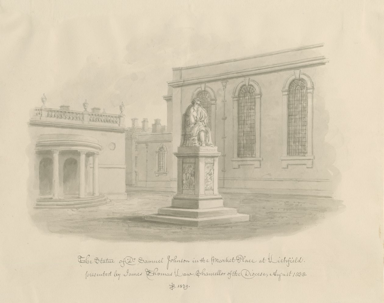 Lichfield - Market Place: seepiapiirros (vinjetoitu) tekijältä John Buckler