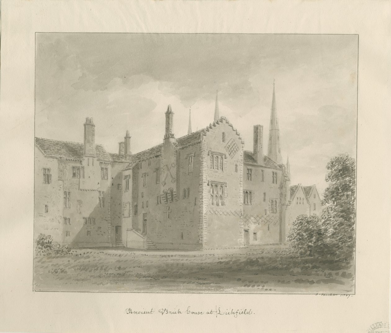 Lichfield - Old House in The Close: seepiapiirustus tekijältä John Buckler
